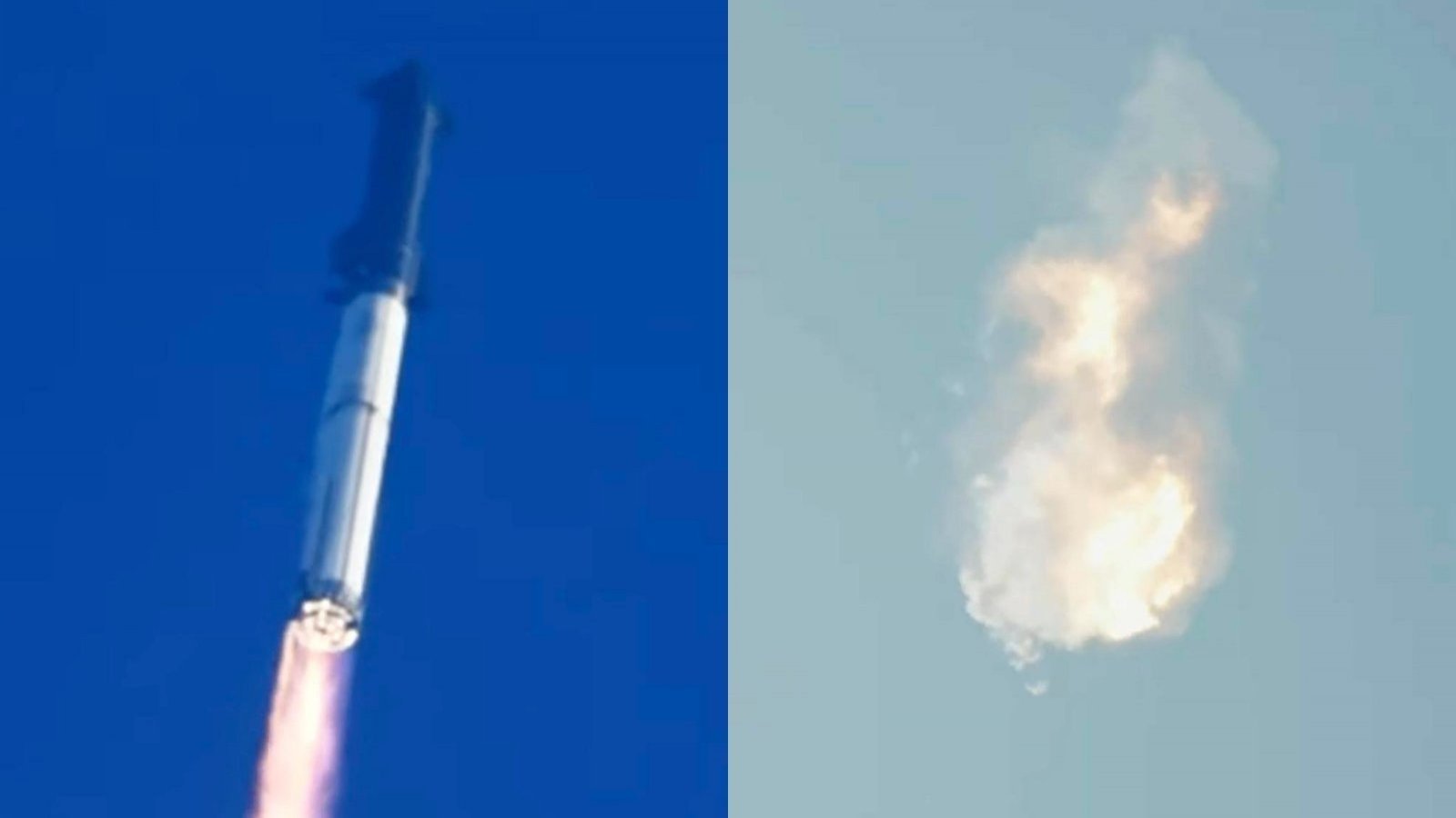 A la izquierda una foto del cohete volando y a la derecha el cohete Starship en el momento en que explota.