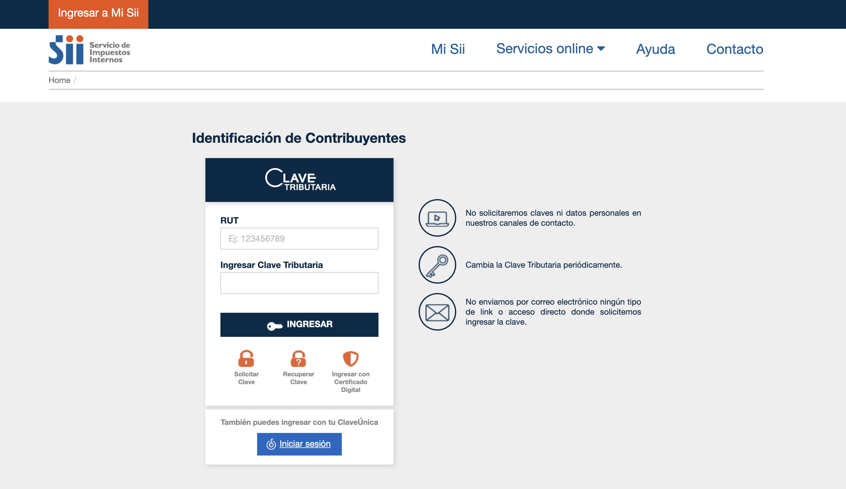 Captura de pantalla del sitio web del Servicio de Impuestos Internos (SII), en la sección para ingresar a tu cuenta con Clave Única.