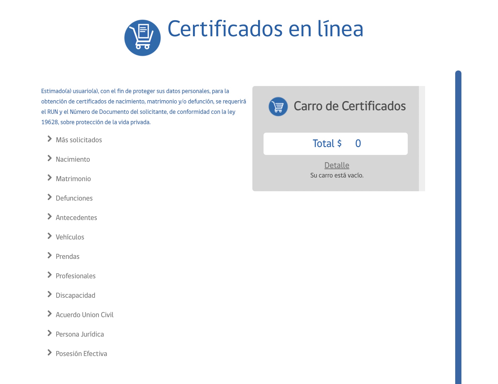Captura de pantalla de la página web del Registro Civil, en la sección para solicitar certificados en línea.