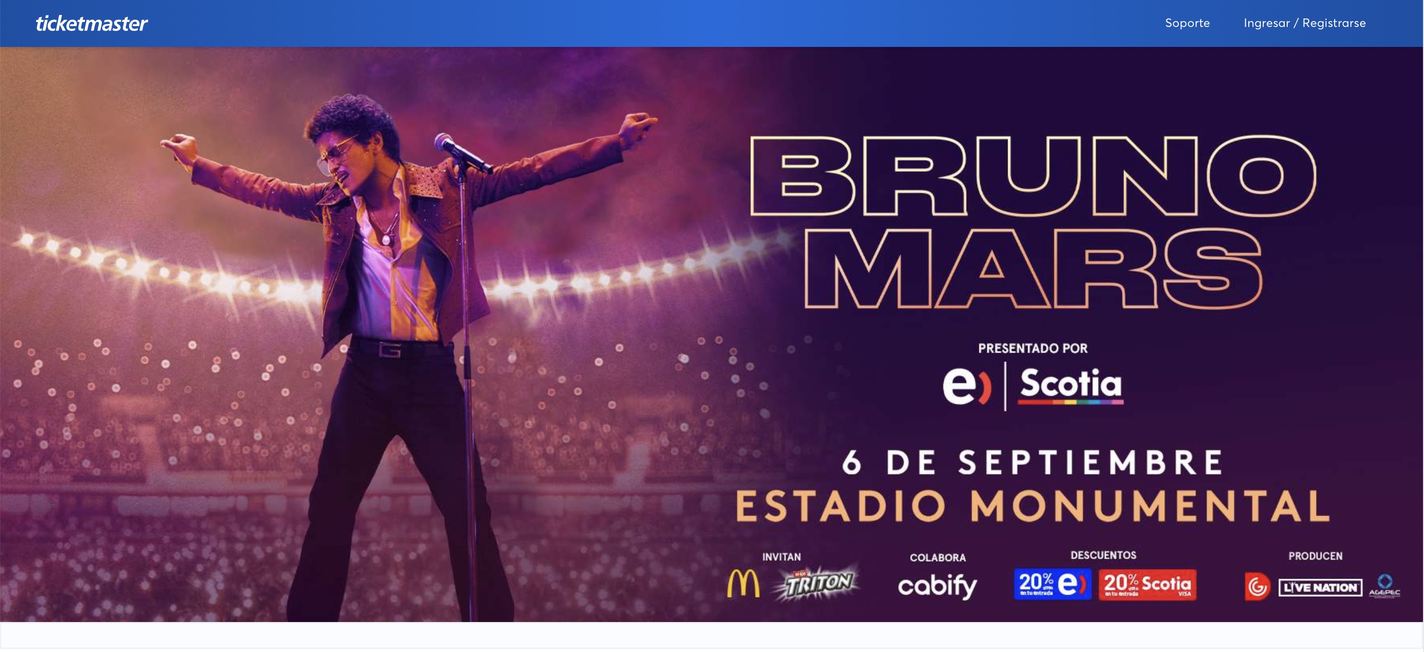 Captura de pantalla de la página de Ticketmaster, en la sección de Bruno Mars,