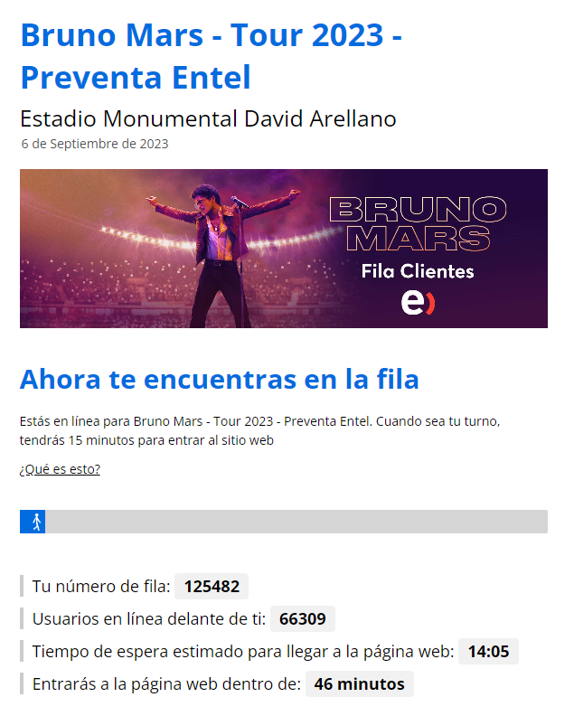 Captura de la fila virtual para preventa de Bruno Mars.