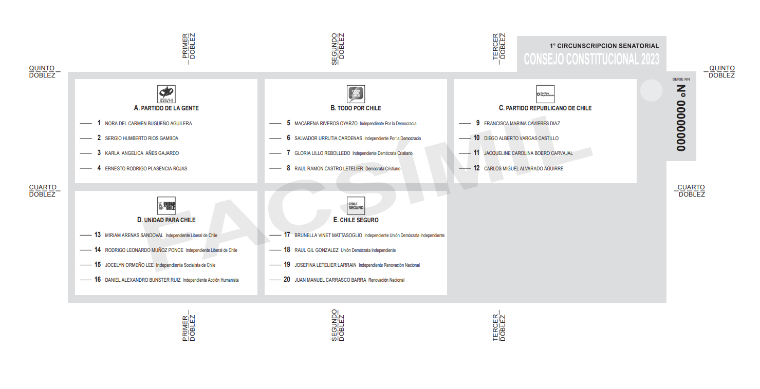 Facsímil de votación del Servel para elección de candidatos constituyentes.