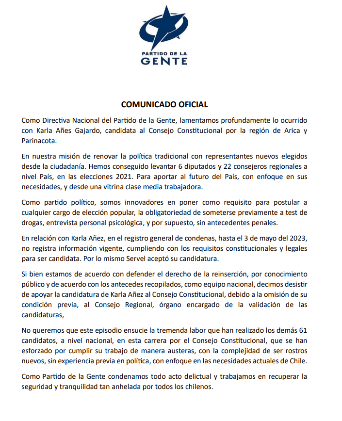 Pantallazo de comunicado del Partido de la Gente.