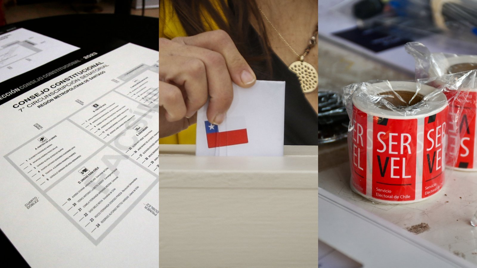 Un voto abierto, una persona ingresando un voto y stickers del Servel.