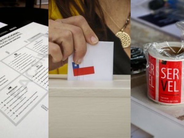 Un voto abierto, una persona ingresando un voto y stickers del Servel.