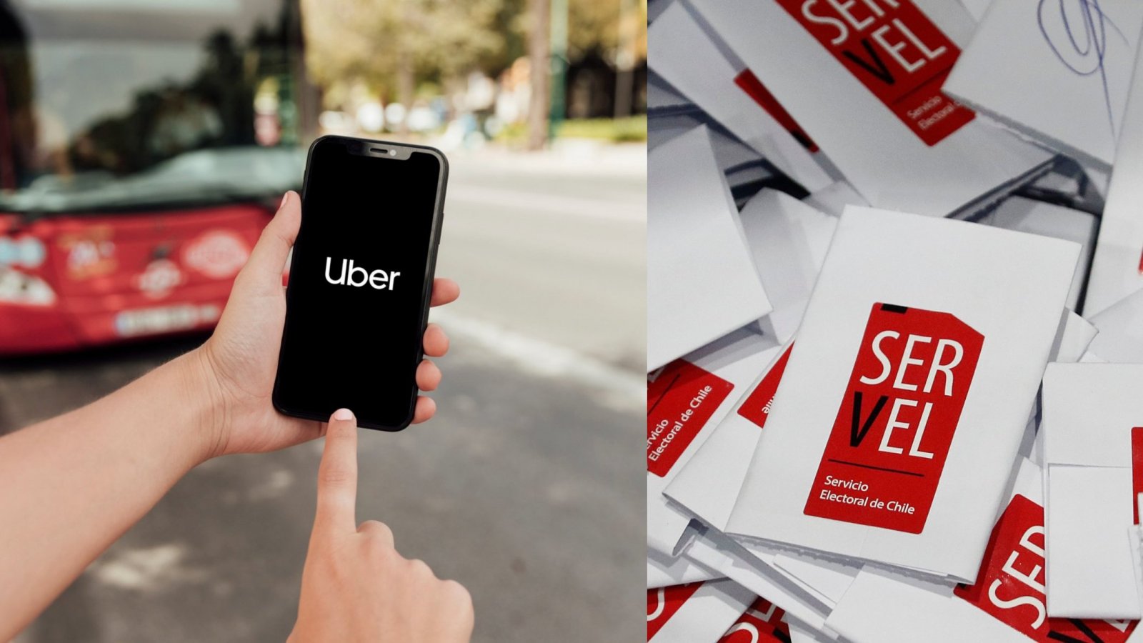 Celular con la aplicación de Uber abierta y votos electorales sellados con el sticker del Servel.