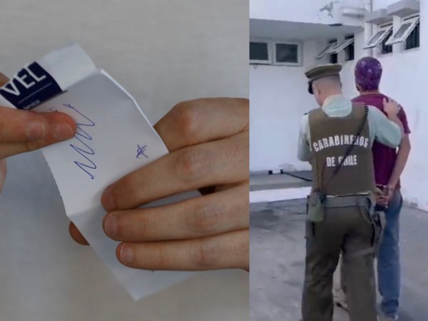 Voto electoral y hombre siendo detenido por un carabinero.