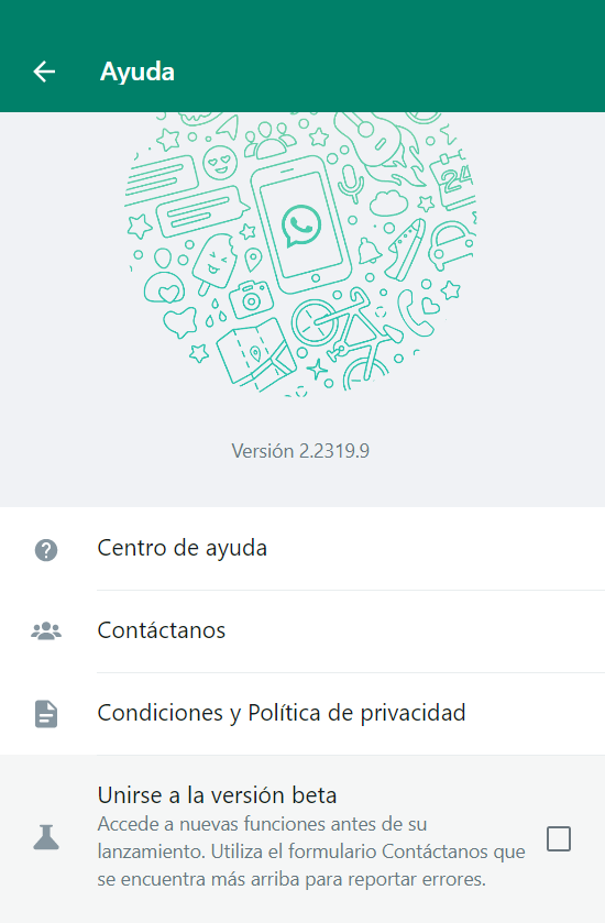 Opción "ayuda" de Whatsapp Web