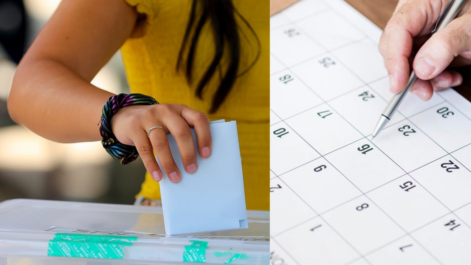 Mano ingresando voto en una urna y foto referencial de un calendario.