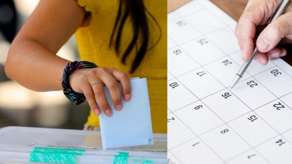 Mano ingresando voto en una urna y foto referencial de un calendario.
