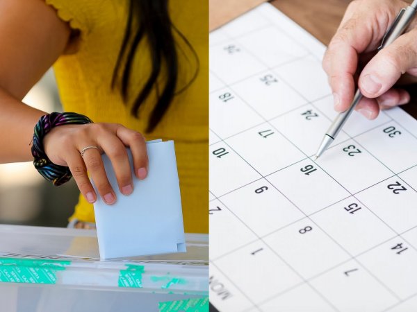 Mano ingresando voto en una urna y foto referencial de un calendario.