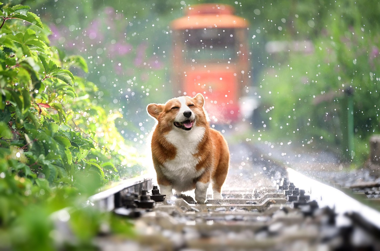 Perro corgi jugando con agua