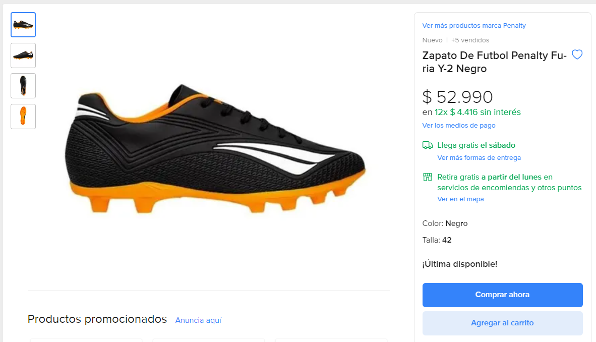 Captura de ejemplo de venta de zapato de fútbol.