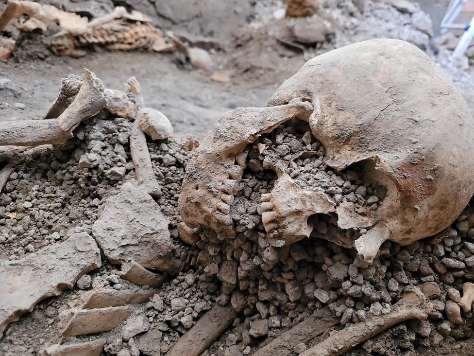 Restos óseos de dos hombres hallados en Pompeya.