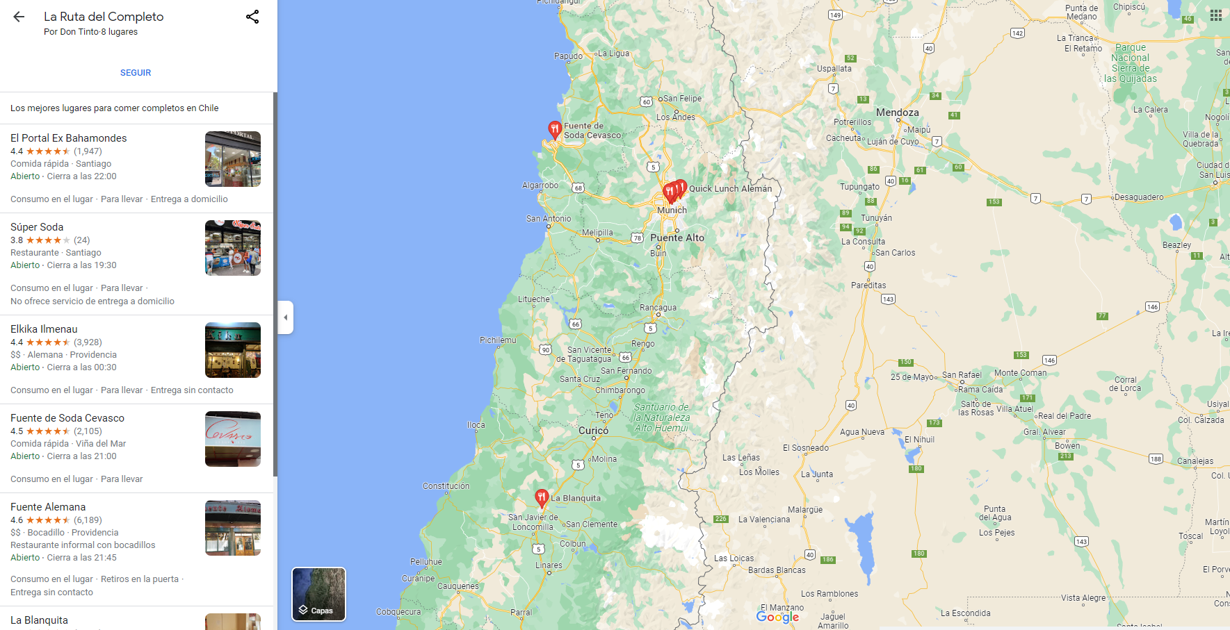 Ruta del completo de Google Maps.