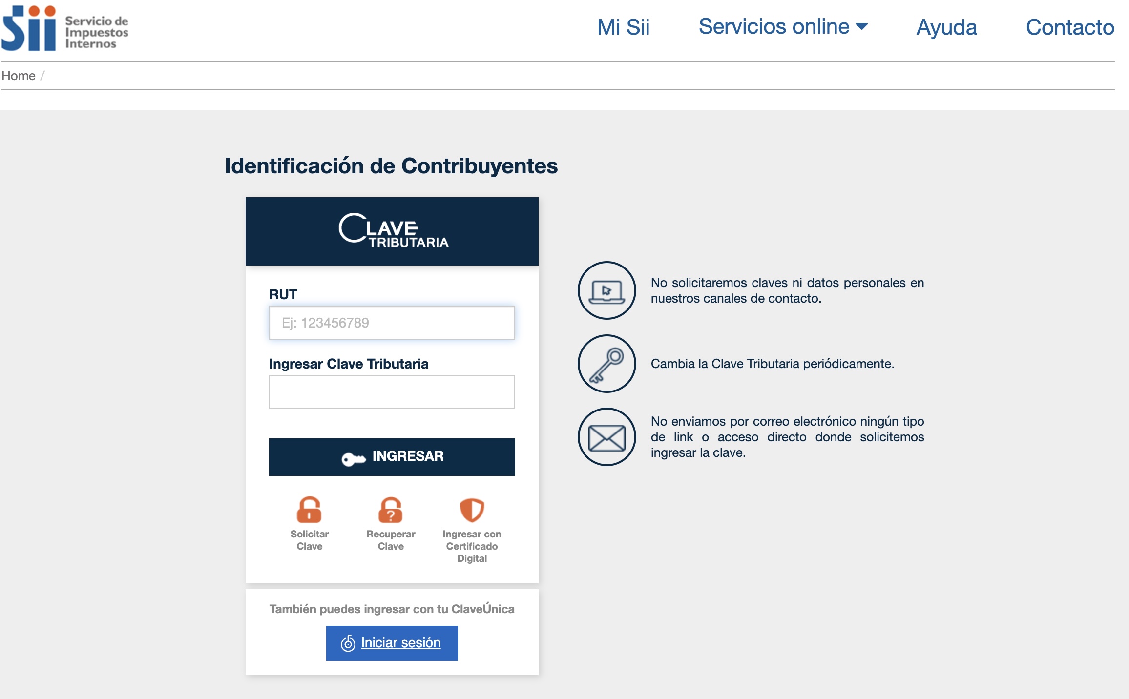 Sección de Clave Tributaria en la página del SII.