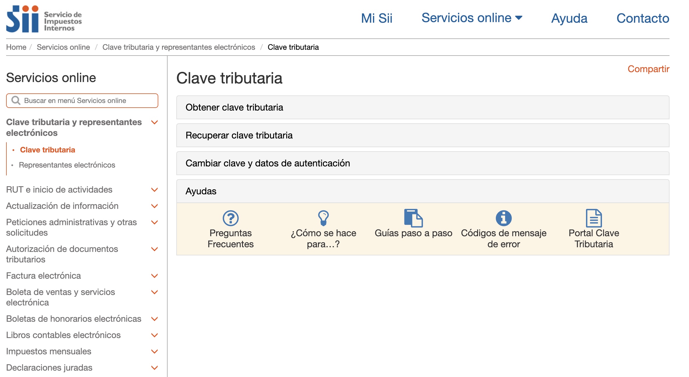 Sección de Clave Tributaria en la página del SII.