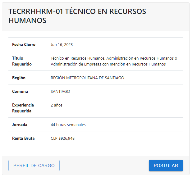 Captura de ficha de postulación a la PDI.