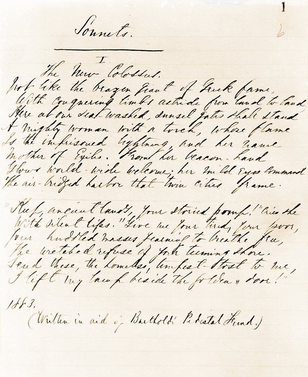 El manuscrito original del poema "El Nuevo Coloso".