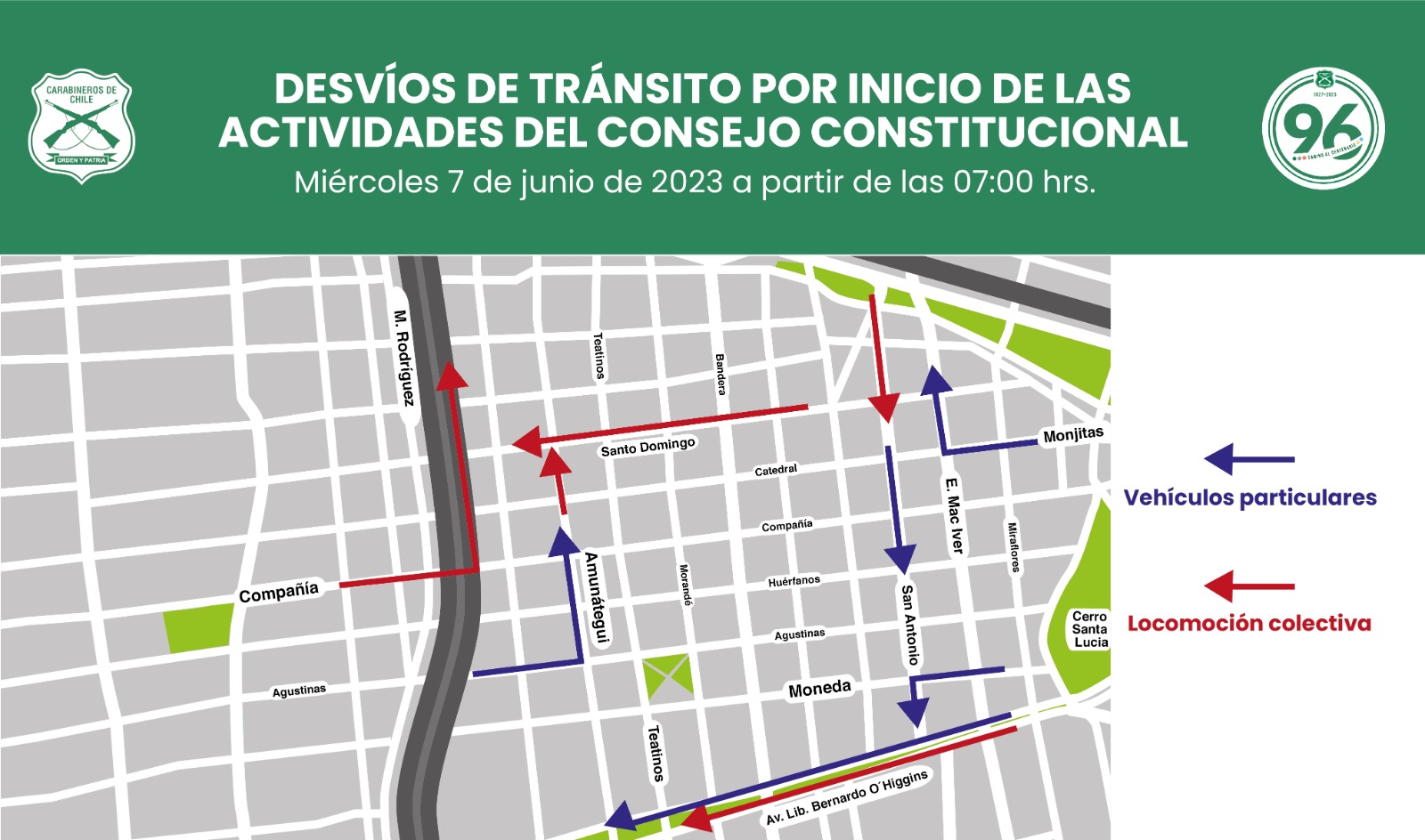 Mapa de desvíos de tránsito en Santiago.