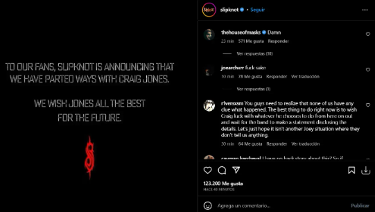 Anunció de Instagram de Slipknot sobre la salida de Craig Jones.