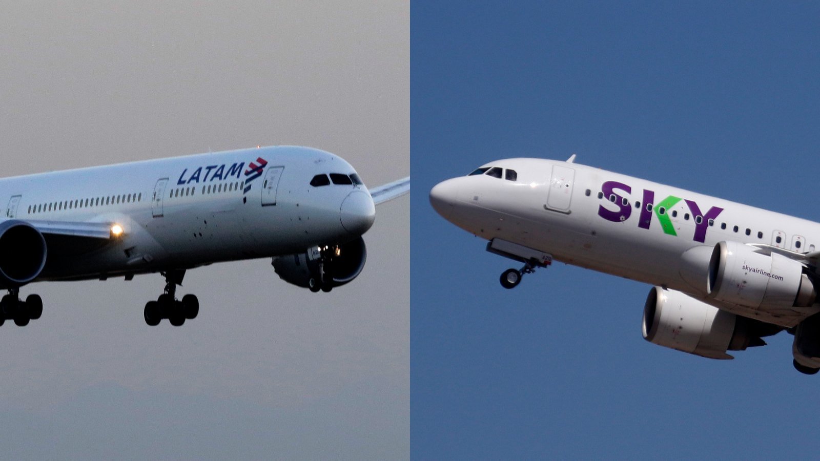 Avión de LATAM a la izquirda y avión de SKY a la derecha.