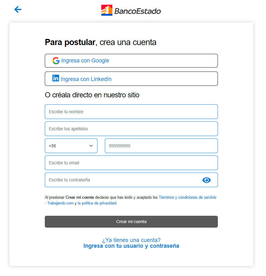 Captura de pantalla de zona de creación de cuenta en BancoEstado.