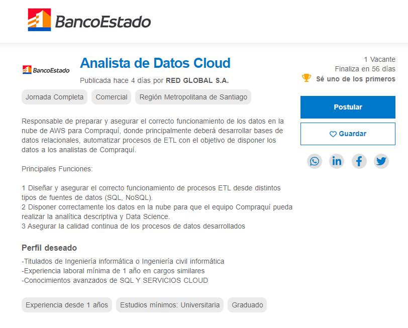 Captura de una oferta laboral en BancoEstado.