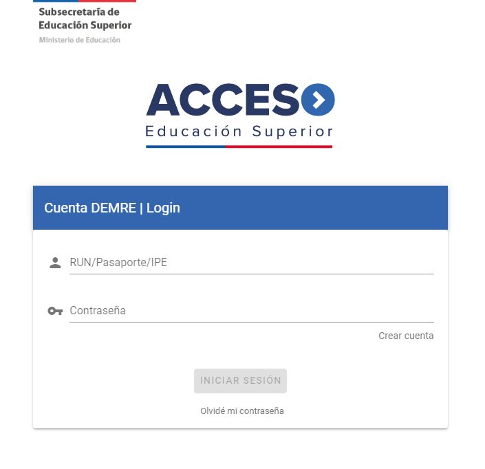 Captura del sistema de acceso e inscripción a la PAES 2023.