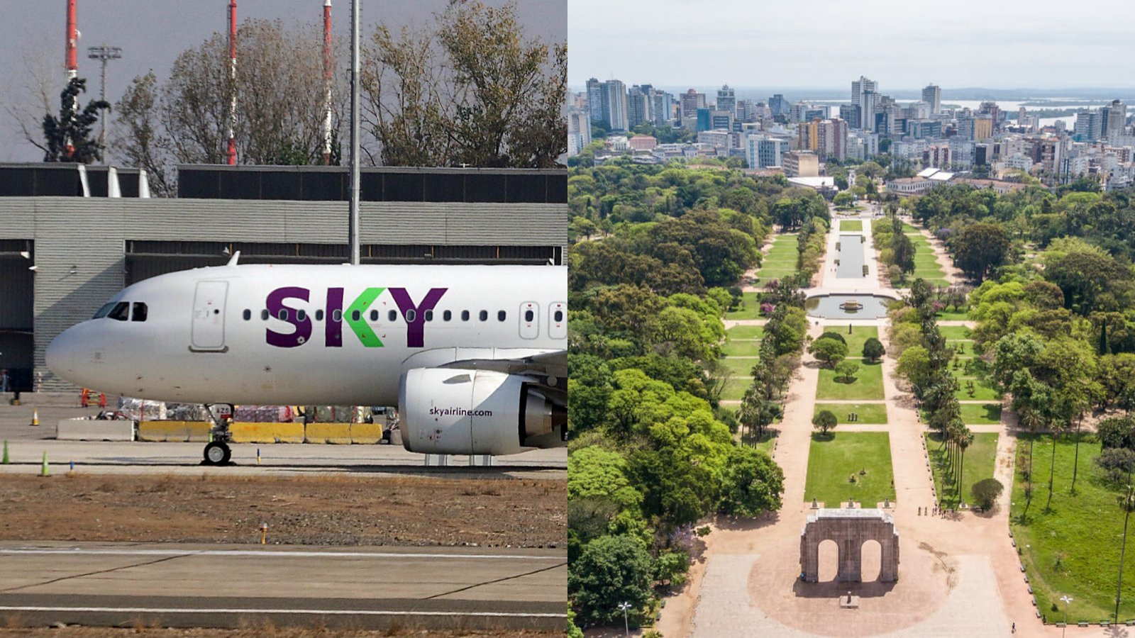 Avión de Sky y la ciudad de Porto Alegre.