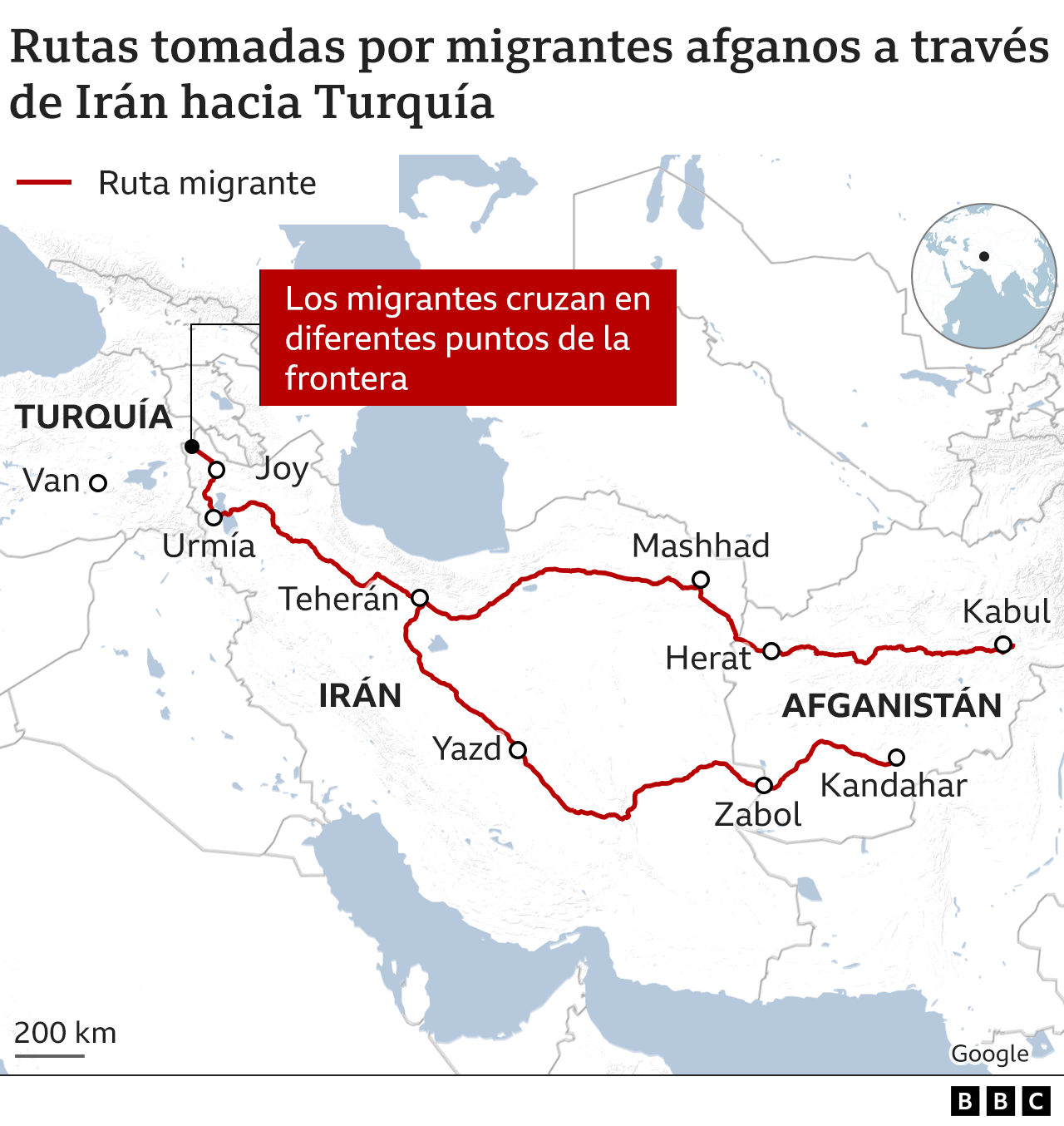 El mapa muestra las rutas tomadas por los inmigrantes afganos a través de Irán a Turquía.