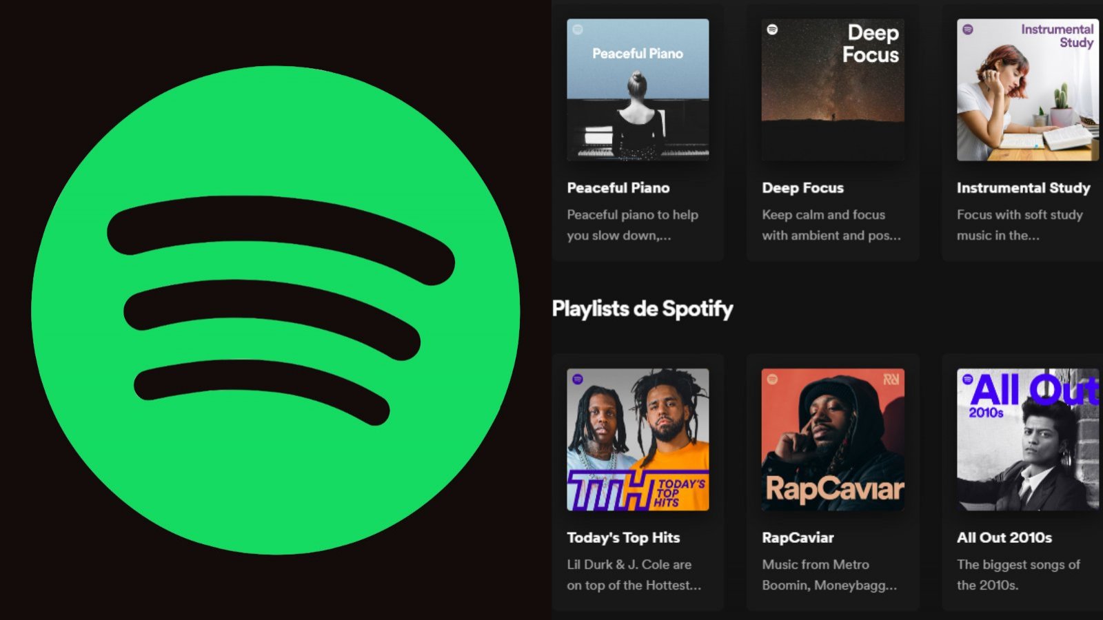 Logo de Spotify y playlist que ofrece Spotify - Web Player