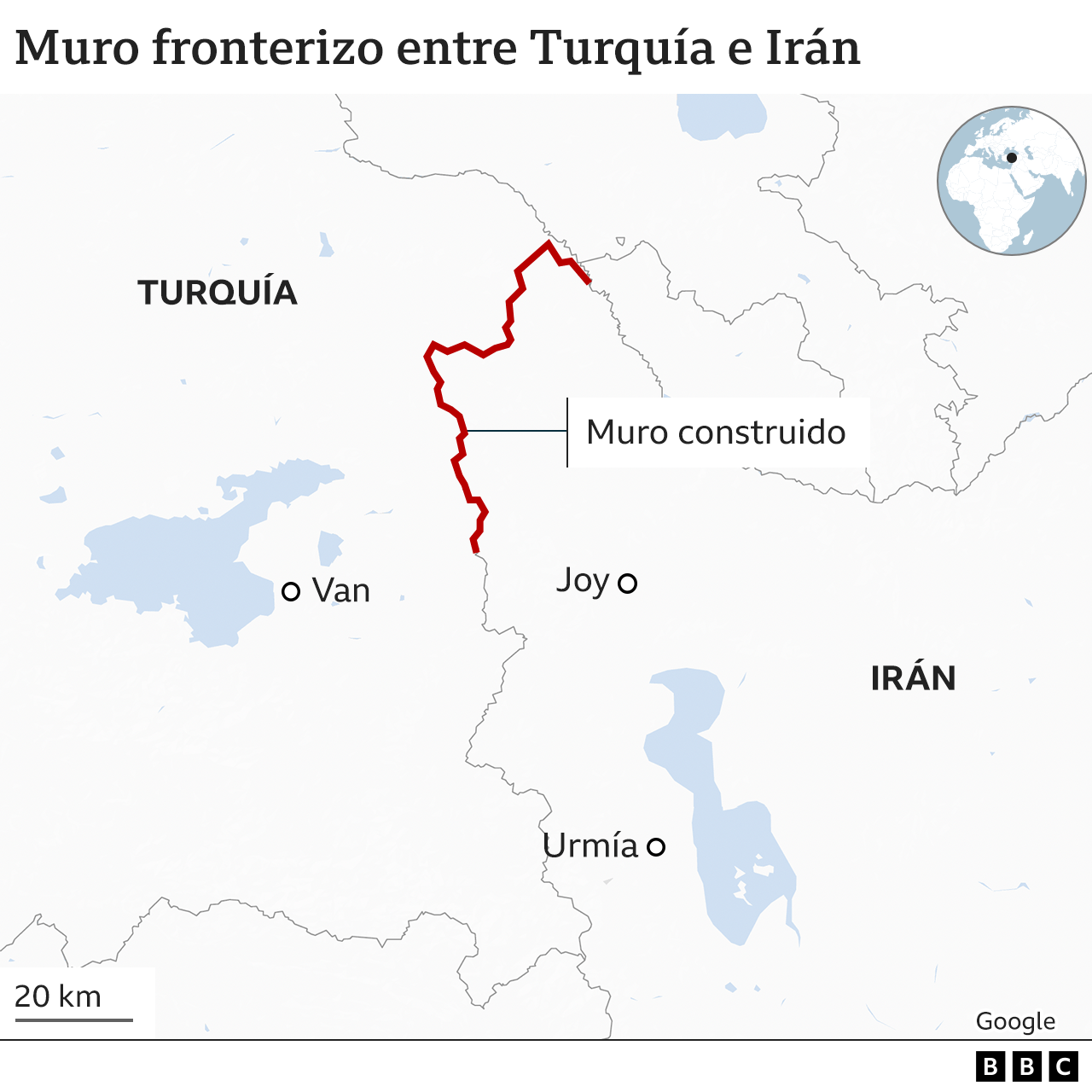 El mapa muestra cómo el muro fronterizo se extiende más de la mitad de la longitud de la frontera de Turquía con Irán.