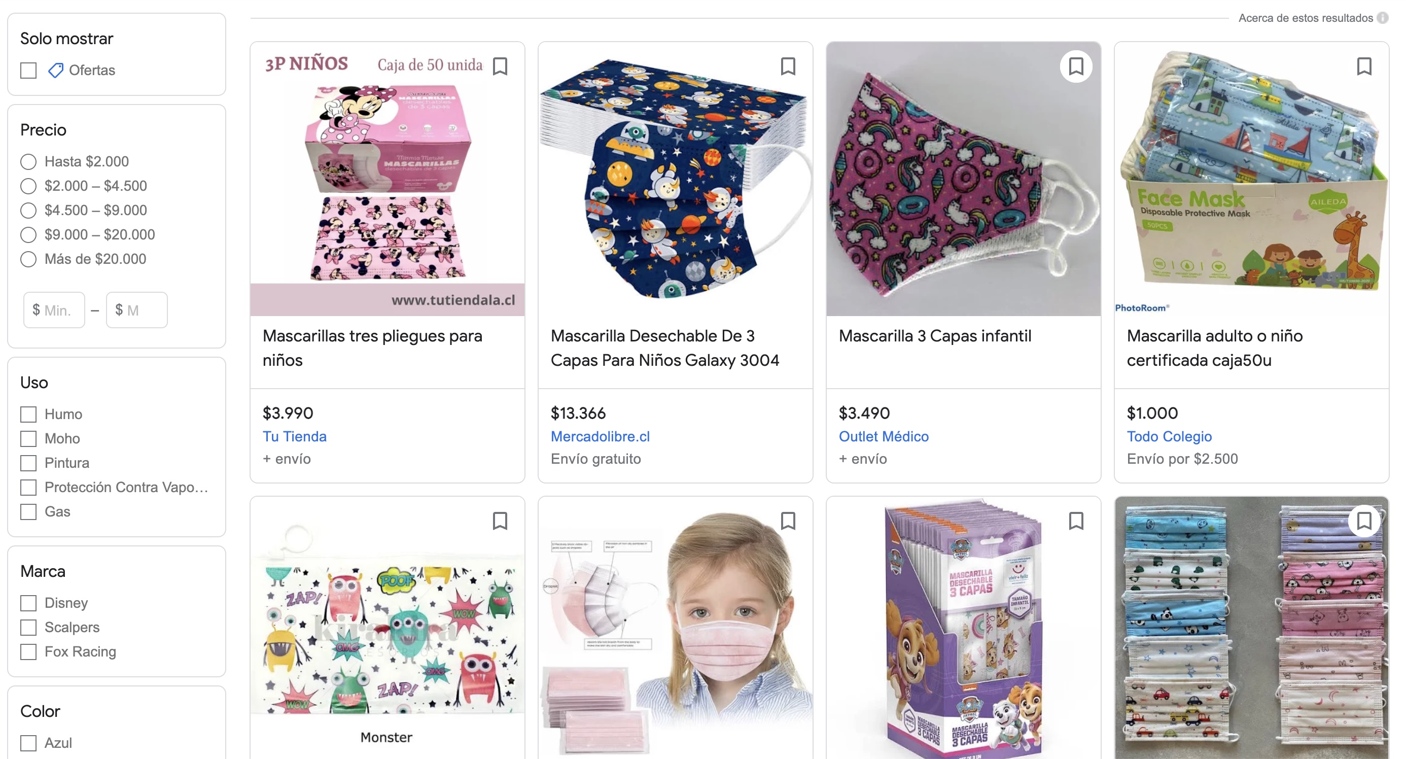 Captura de pantalla de Google Shopping, para comprar mascarillas de niños