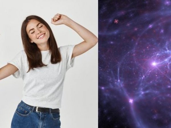 Mujer contenta e represetnación gráfica de neurotransmisores.