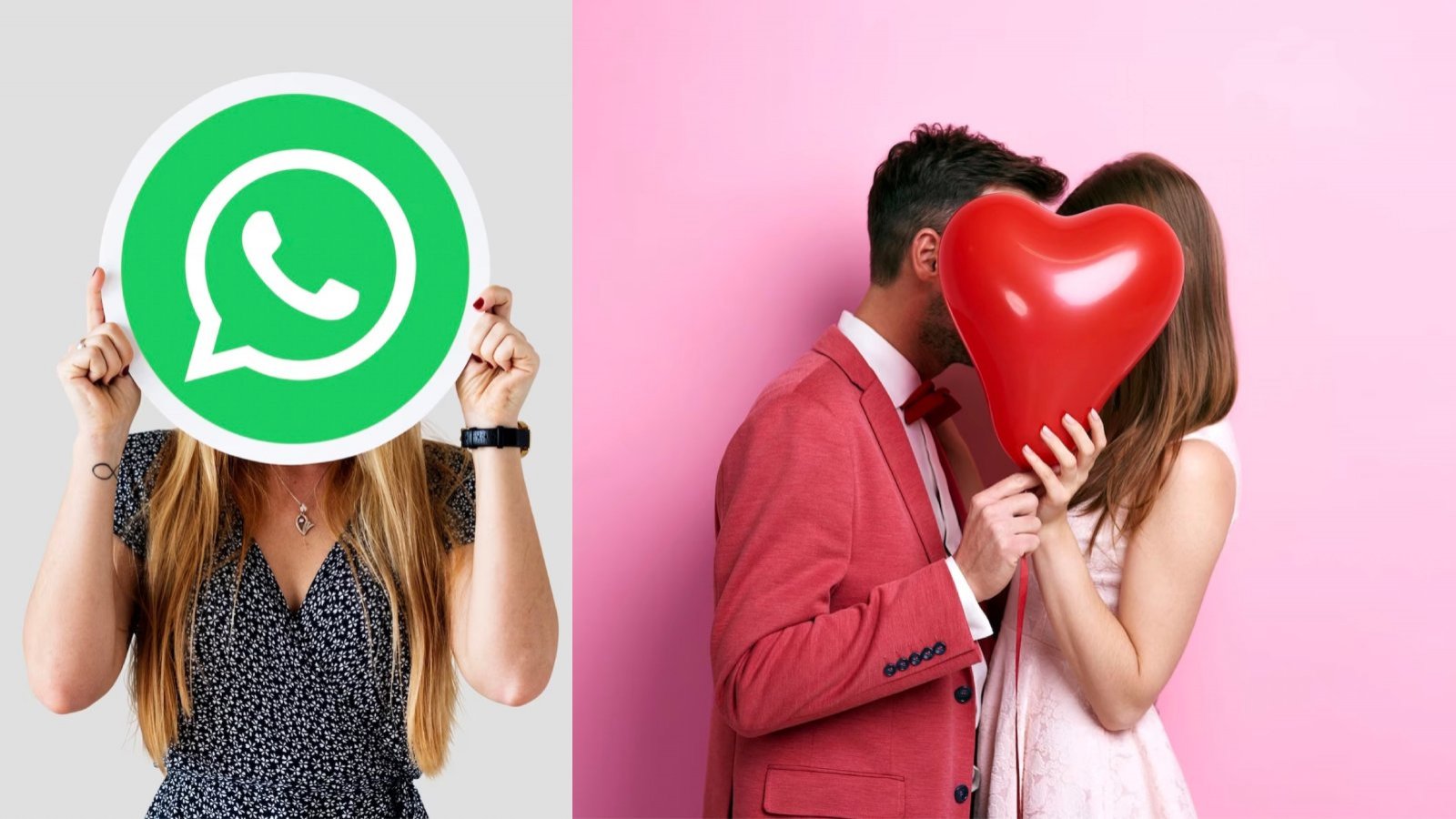 Persona sujetando el logo de WhatsApp y una pareja sujetando un corazón.