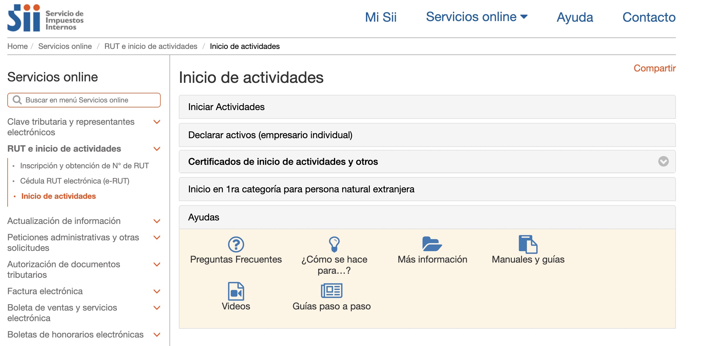 Sección de inicio de actividades en el SII