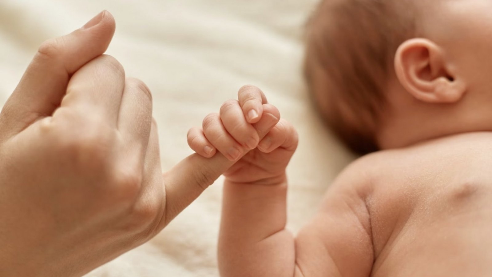 Mano de un bebé agarrando el dedo de un adulto.