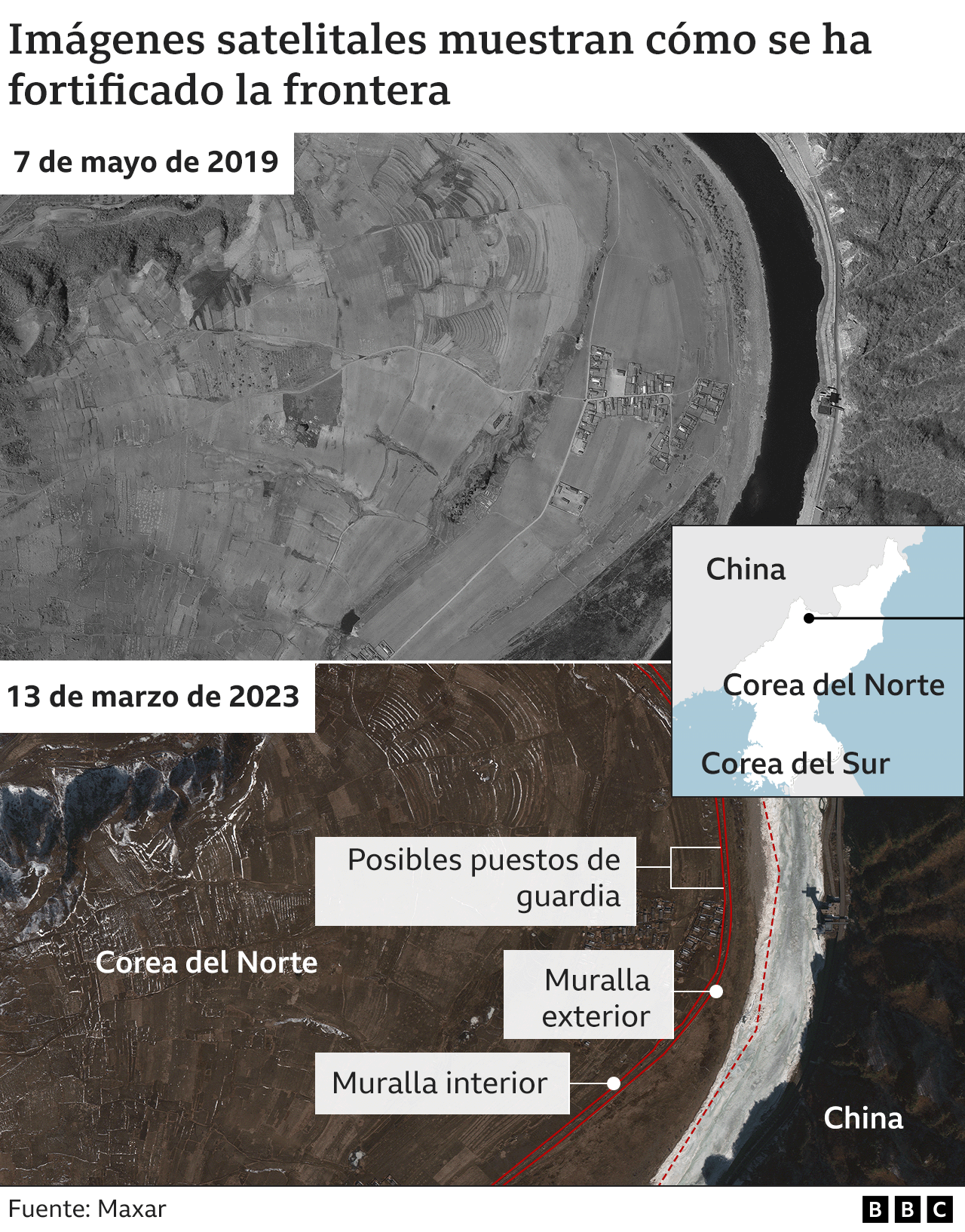 Imágenes satelitales muestran cómo se ha fortificado la frontera entre Corea del Norte y Corea del Sur