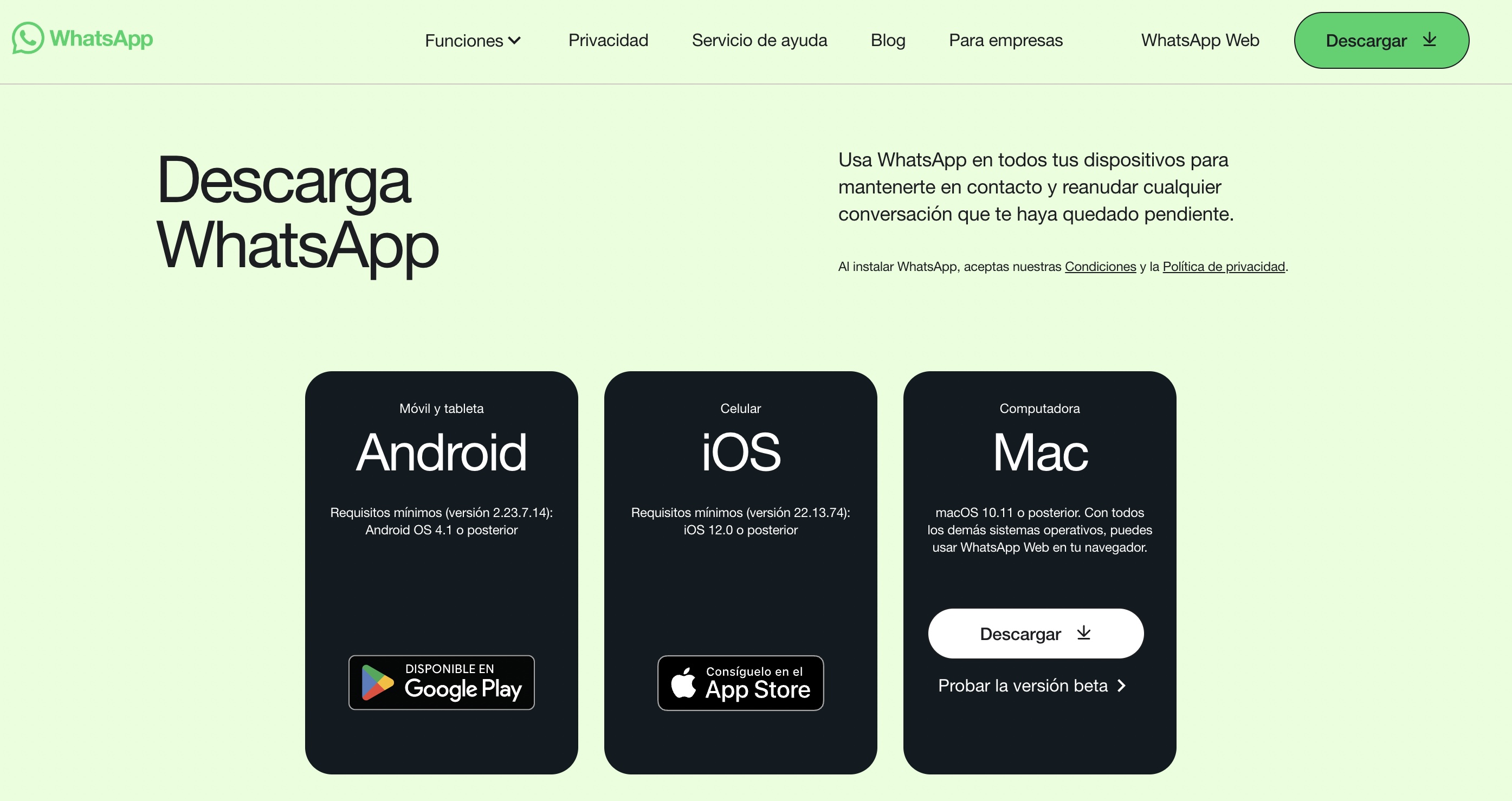 Página oficial para descargar WhatsApp Web.