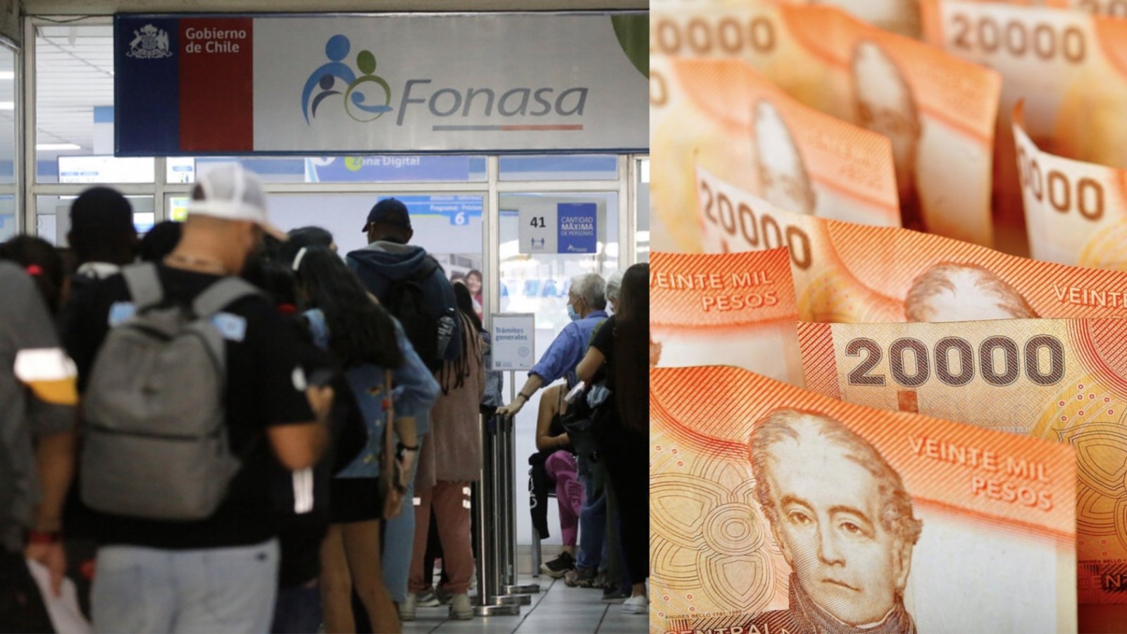 Personas en Fonasa y billetes de 20 mil pesos.