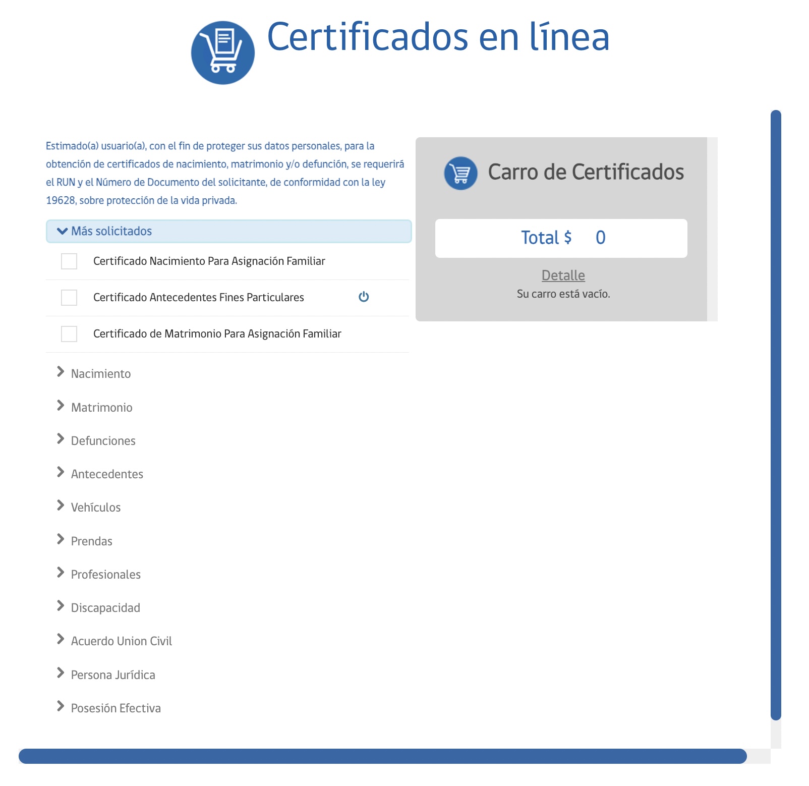 Captura de pantalla de la sección para solicitar certificados del Registro Civil.
