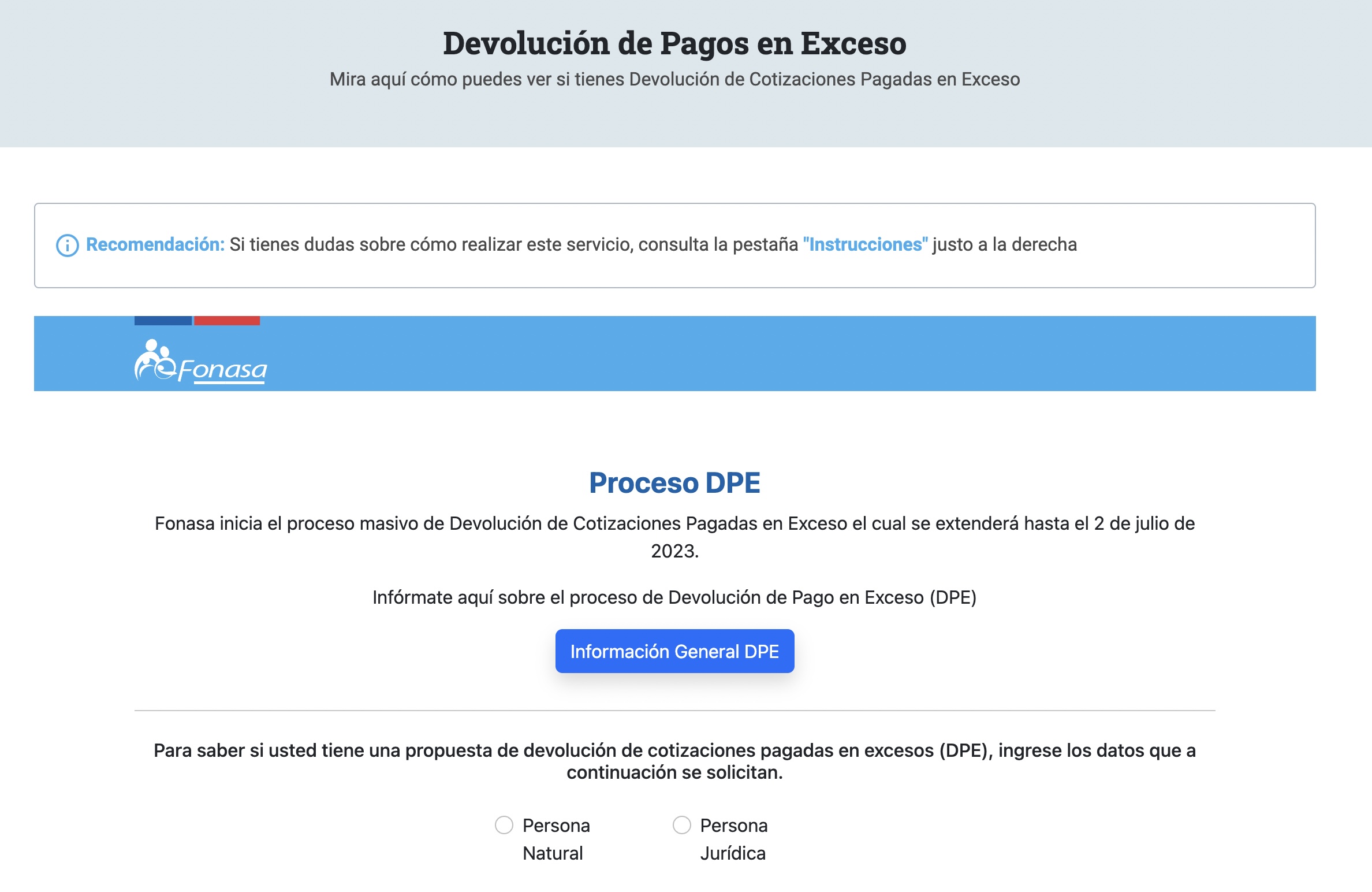 Captura de pantalla de la página web de Fonasa, sección de devolución de excesos.