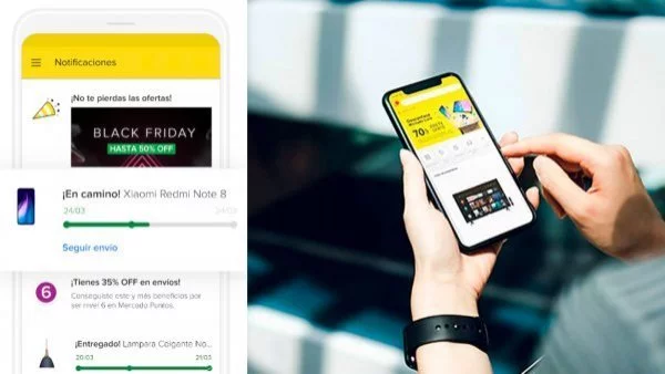 Captura de app de Mercado Libre y otra persona usando el celular.