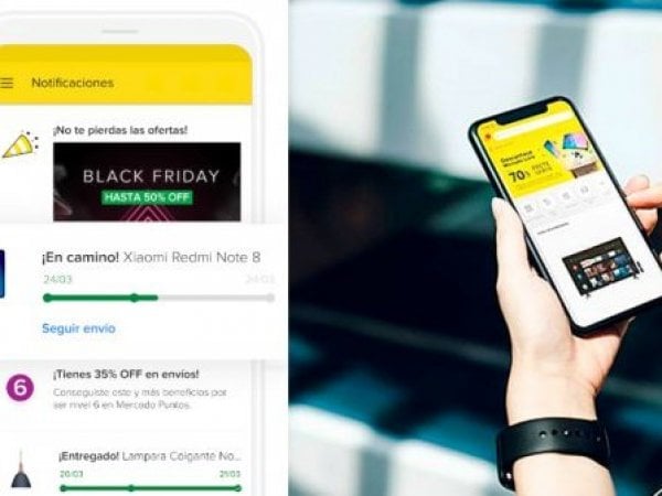 Captura de app de Mercado Libre y otra persona usando el celular.
