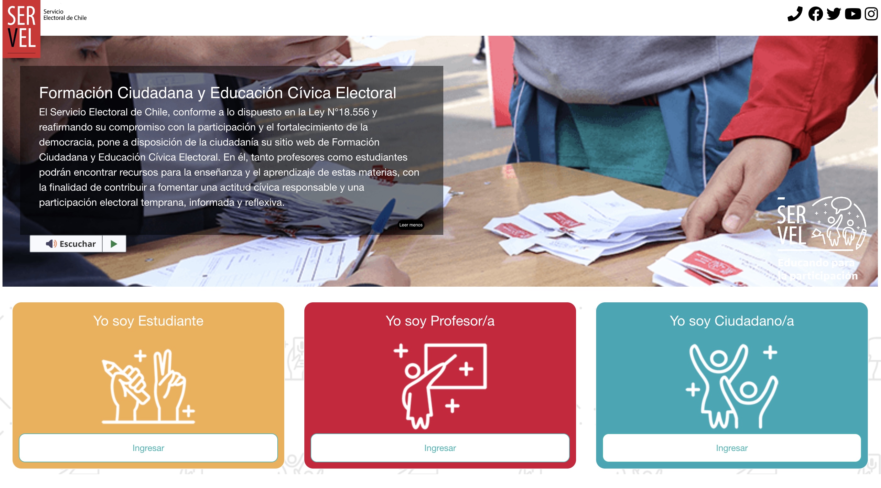 Captura de pantalla del portal de Formación Ciudadana del Servel