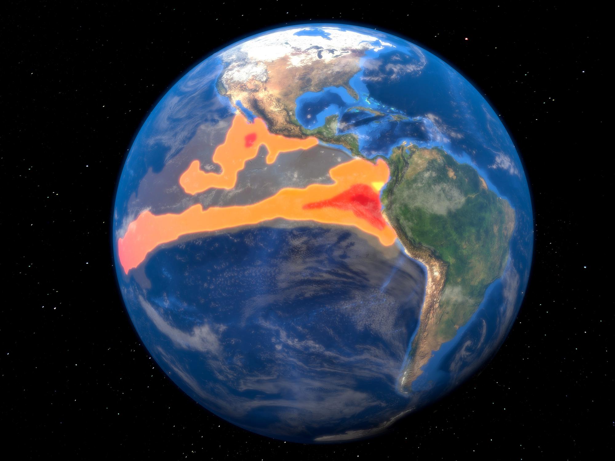 Imagen de la Tierra que muestra coloreada la zona del Pacífico que determina si se da El Niño. 