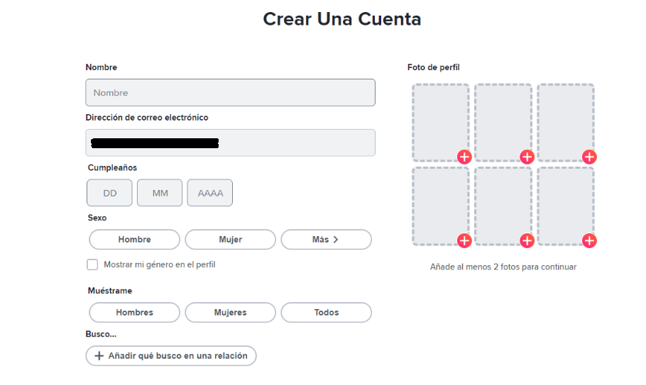 Captura para creación de cuenta en Tinder.