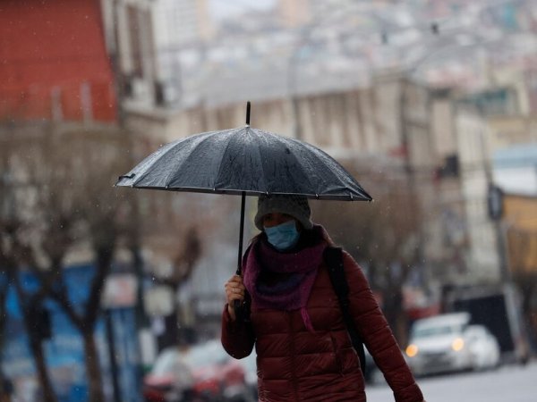 Mujer caminando bajo la lluvia con paraguas.
