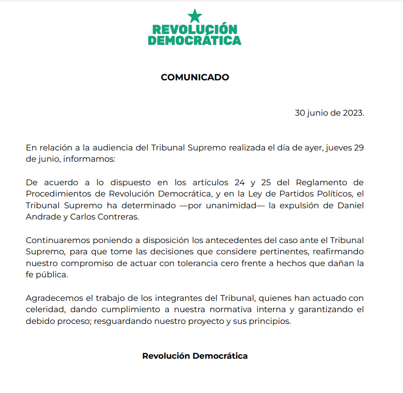 Captura comunicado de Revolución Democrática.